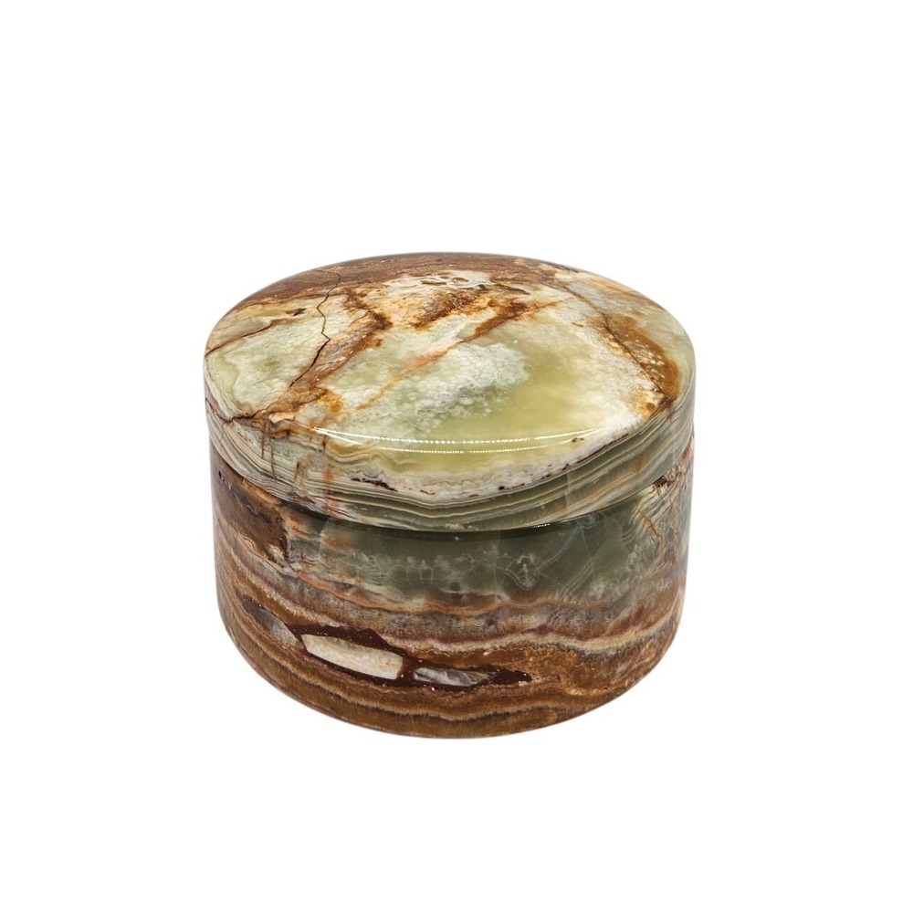 Vintage Hand Carved Polished Onyx Stone Round Trinket Jewelry Box Green Brown 3"